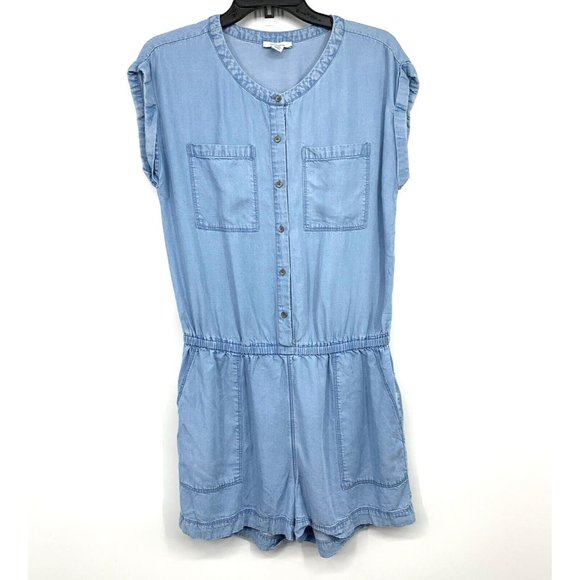 Daily Ritual Romper Blue Lyocell Chambray Button Down Pockets - Picture 2 of 10